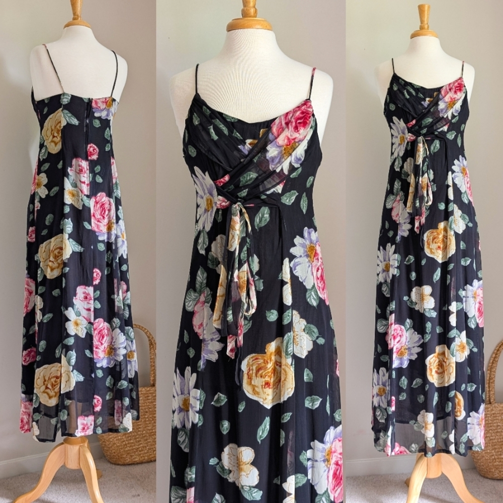 90s Floral Tie Waist Empire Vintage Ruched Bust Ethereal René Derhy Maxi Dress